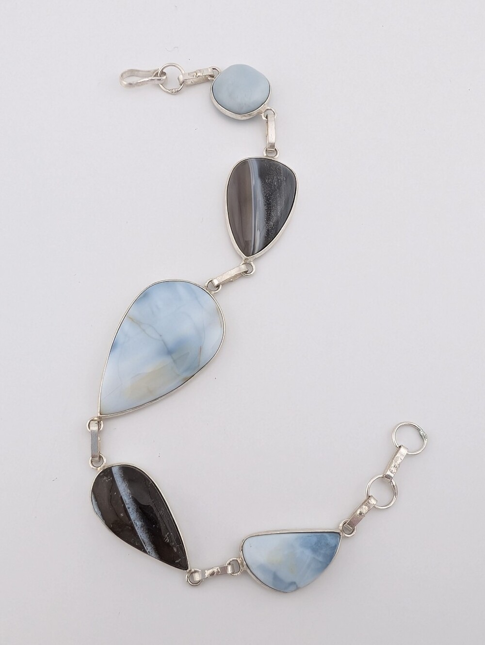Blue & Gray Agate Stone Teardrop Silver Link Bracelet - Bohemian Jewelry